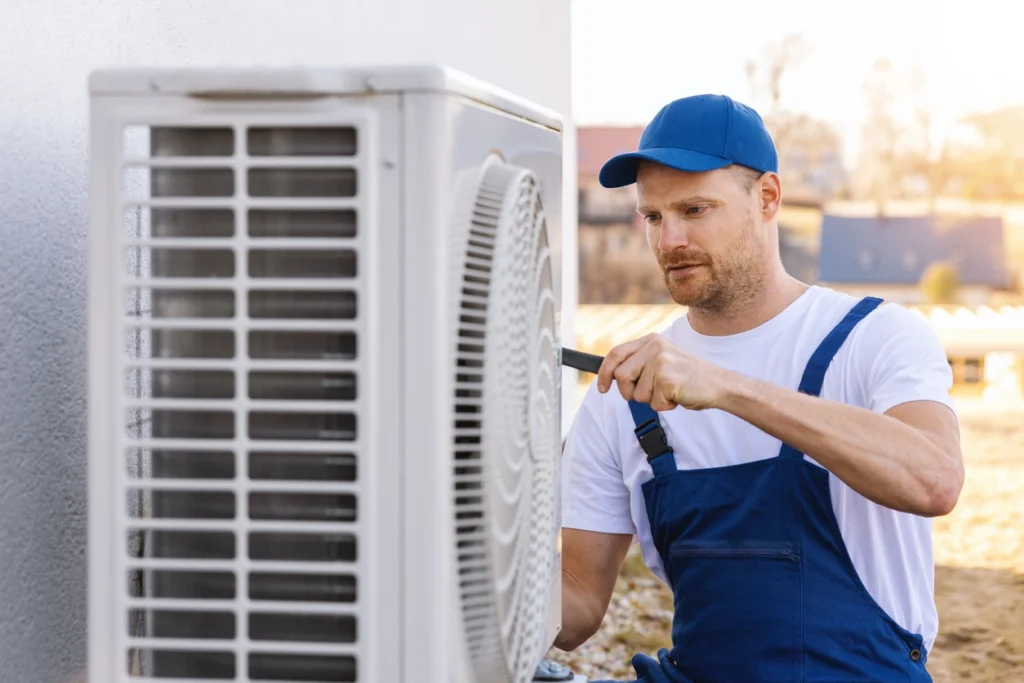 A professional technician installing a new heat pump unit